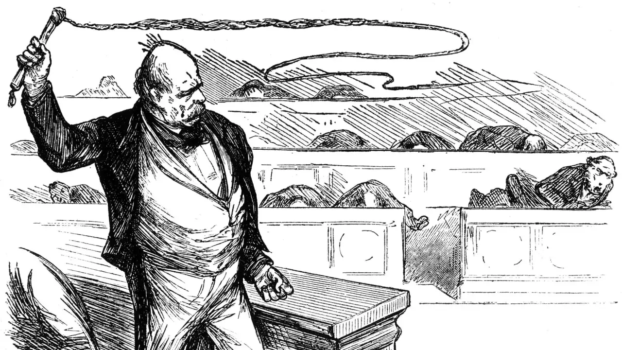 Bismarck, mit einer Peitsche drohend, dominiert die Szene. Seine innenpolitik ist unerbittlich, wie die gebeugten Figuren im Hintergrund zeigen.