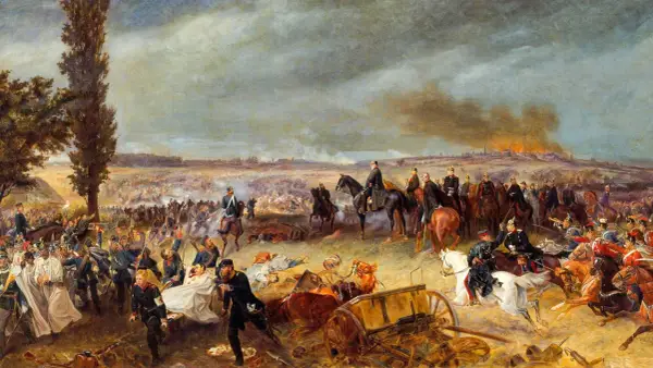 Schlachtfeld mit Soldaten und Verwundeten. Im Hintergrund brennende Stadt. Ein Bild der Einigungskriege Bismarcks.