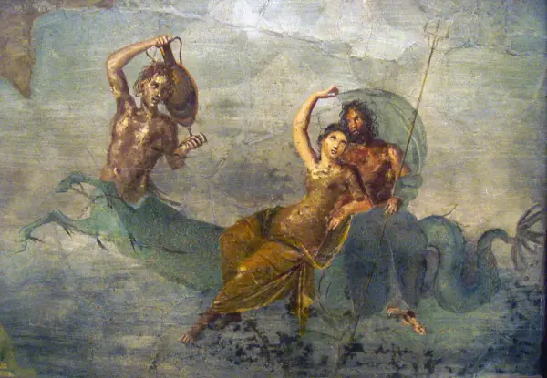 Poseidon und seine Kinder, ein Meeresgott mit Dreizack, eine Frau und ein Mann mit Fischschwanz, reiten auf einem Seeungeheuer.