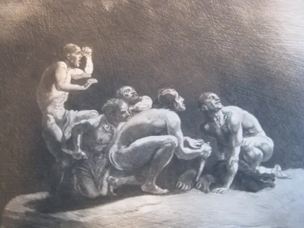 Männer in Not, die nach oben blicken, als ob sie sich fragen, wer war Prometheus und warum er ihnen das Feuer brachte.