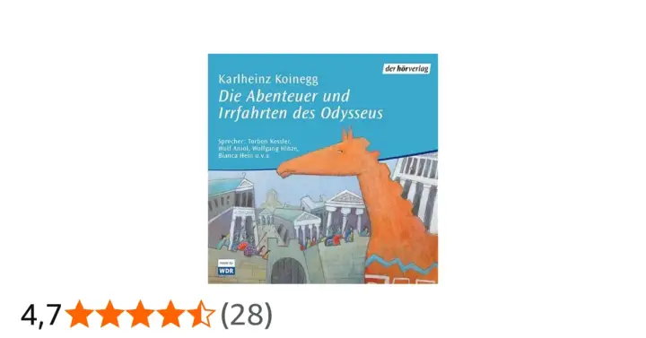 Hörbuchcover: Karlheinz Koineggs "Die Abenteuer und Irrfahrten des Odysseus" mit einem stilisierten Trojanischen Pferd vor antiken Gebäuden.