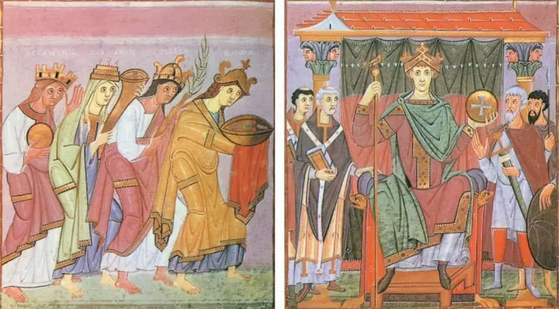 König sitzt auf Thron, umgeben von Beratern. Links: Frauen tragen Geschenke. Dies illustriert, was bedeutet Grundherrschaft: Macht und Herrschaft über Land und Leute.